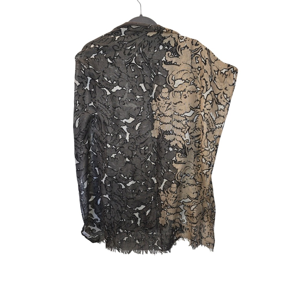 Unbranded Black Tan Floral Damask Lightweight Scarf Frayed Fringe Wrap‎ 36"x6'